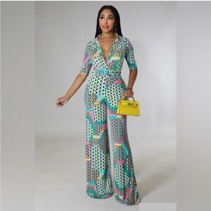 LORAGAL Teal Geometric Wide-Leg Jumpsuit with Pink Accents